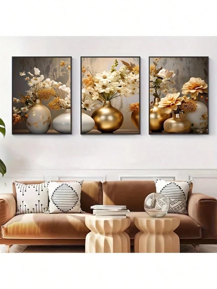 lianyibo Nowoczesny abstrakcyjny zestaw 3 obrazów z wazonami, kwiatowe i botaniczne wydruki do sypialni, biura i salonu (60 x 80 cm x 3 / bez ramki)
