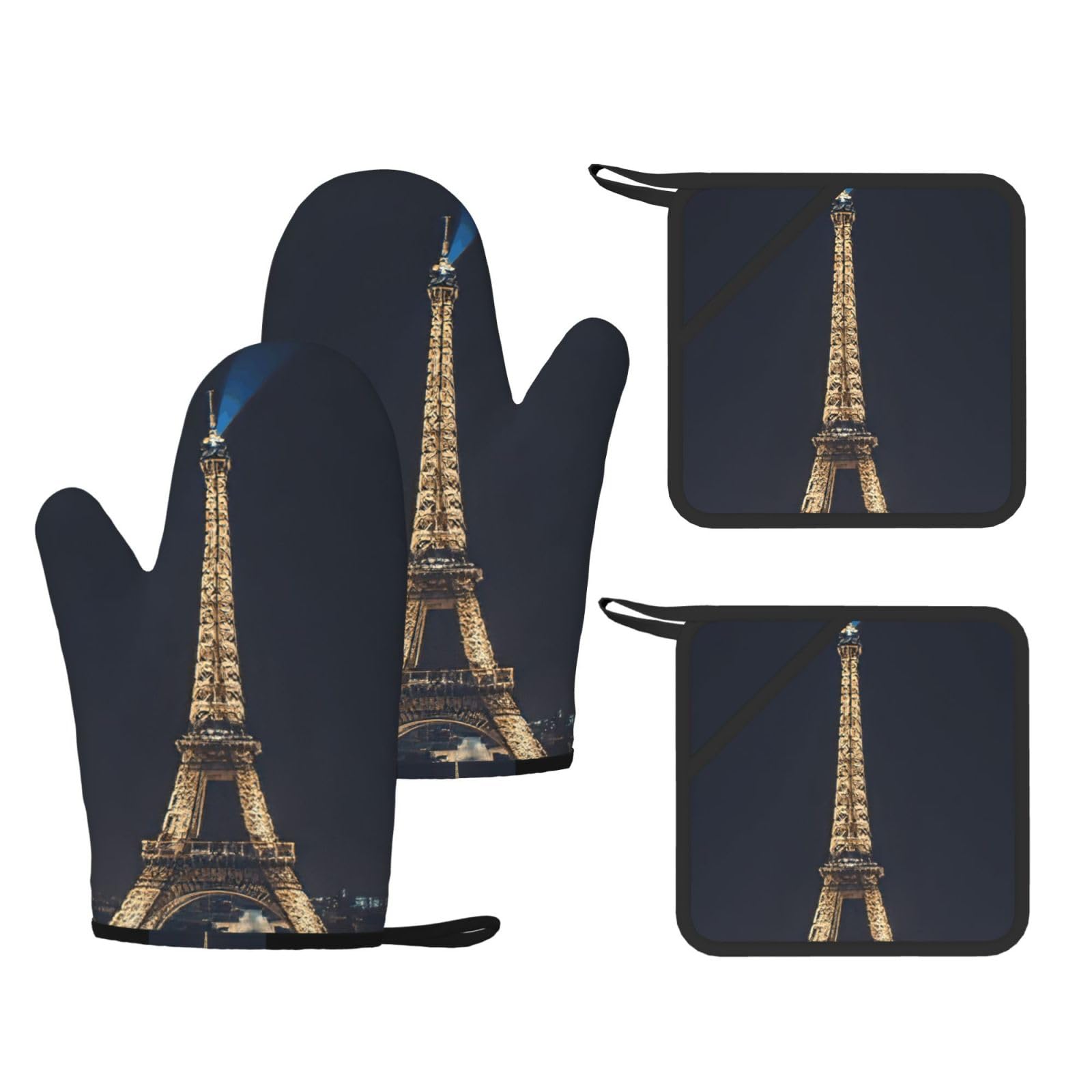 Tower In Paris At Night Print Oven Mitts And Pot Holders Pads Set, Oven Glove High Heat Resistant 500 Degree For Kitchen