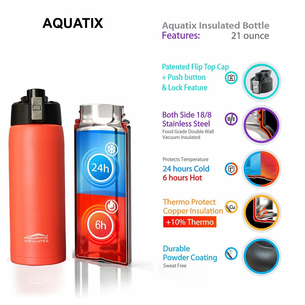 Aquatix Sport-Trinkflasche aus reinem Edelstahl, doppelwandig, vakuumisoliert, mit praktischem Klappverschluss, hält Getränke 24 Stunden kalt, 6 Stunden heiß