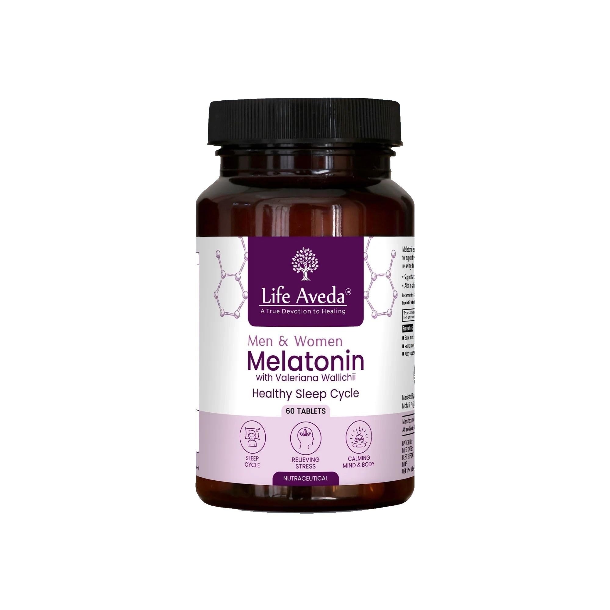 Life Aveda Melatonin Sleep Tablets Herbal Sleeping Pills Promotes Deep Sleep, Improve Sleep Quality with Vitamin B6, Valeriana Wallichii, Jatamansi, & Chamomile Extract | Sleep Faster Safe & Non-Habit Forming, For Men & Women - 60 Veg Tablets