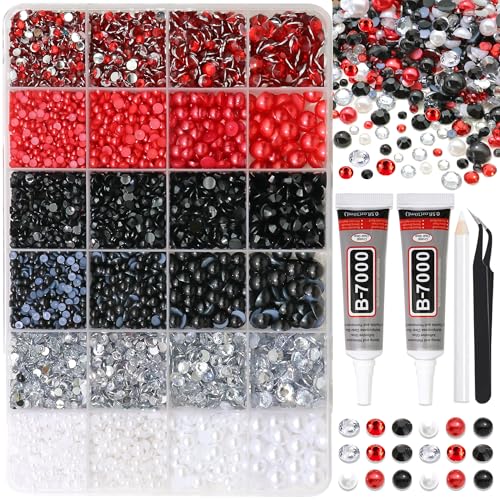 Image of RODAKY 9000PCS Rhinestone Pearls for Bedazzling Red Black White Flatback Gems Half Pearls for Crafting Diamond Making Kit Clothing Shoes Nail Decor with Glue Tweezer Pickup Pen