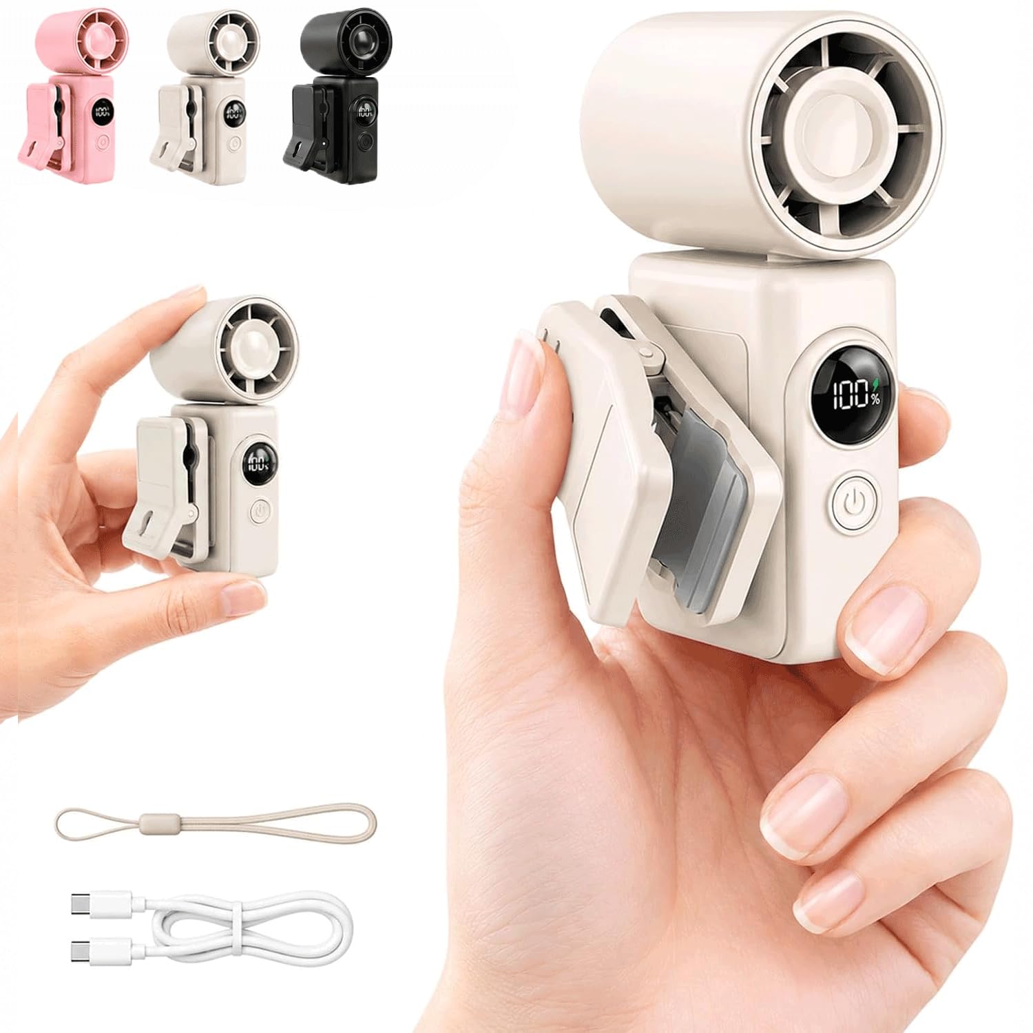 Portable Clip On Mini Fan, 2026 Handheld Rechargeable Electric Fans with 4 Speeds & LED Display, 13500 RPM 360° Rotating Small Fan for Pram Body Clothes, Summer Compact Travel Essentials (White)
