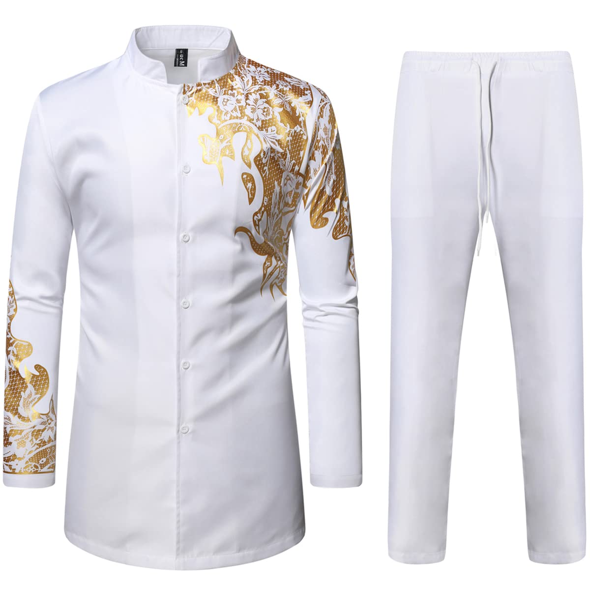 LucMattonMen's 2 Piece Outfit Long Sleeve Button up Shirt and Pants Traditional Ethnic Suit