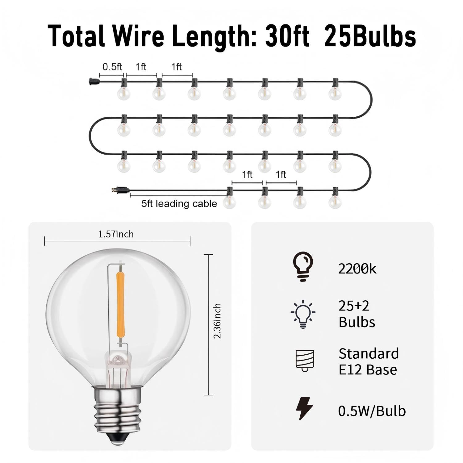 HISTAR Cadena de luces LED para exteriores, resistente al agua hasta 30 pies, con 27 bombillas de plástico (2 repuestos), irrompible, G40, para patio trasero, balcón, bistró, fiesta, cafetería