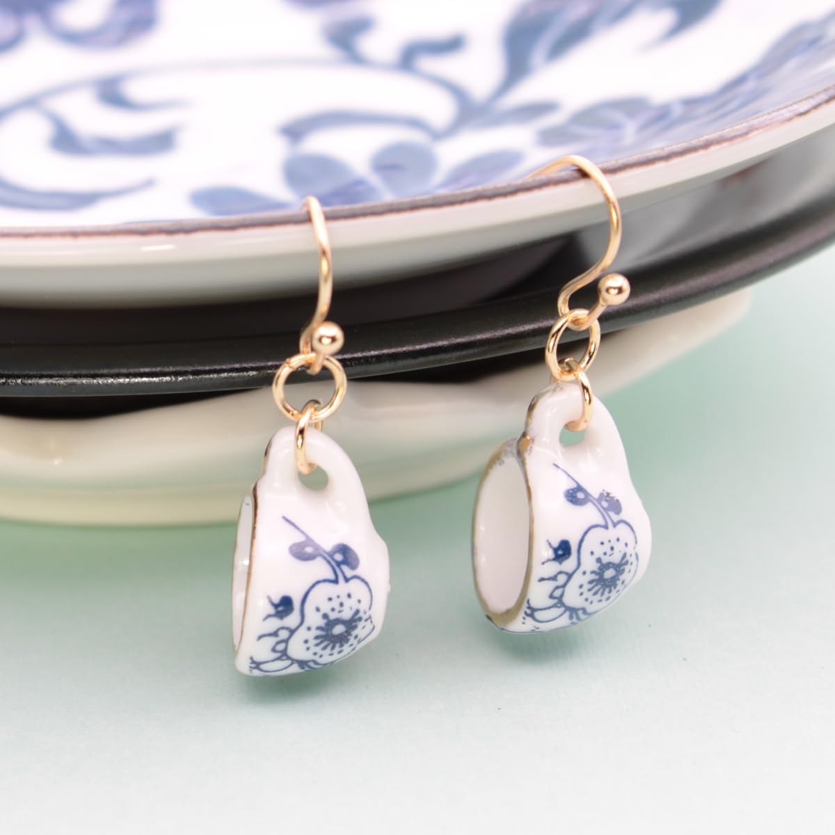 Vintage Blue Flower Ceramic Porcelain Tea Cup Drop Pendant Necklace or Drop Earrings Jewelry Set