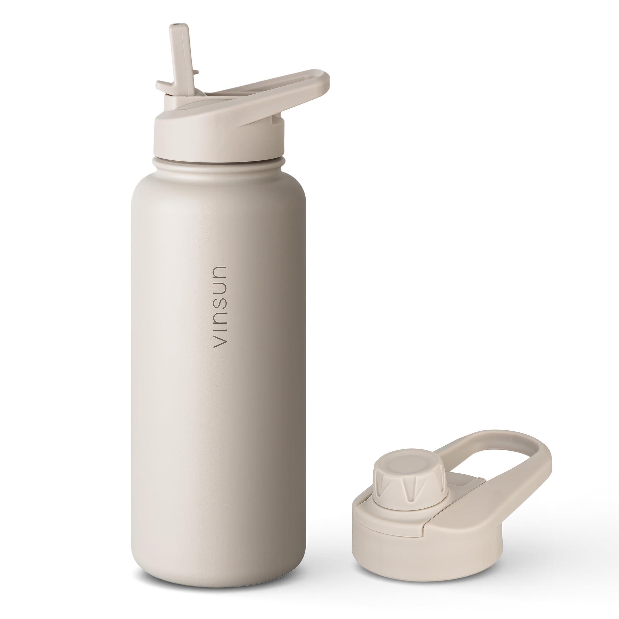 Vinsun Trinkflasche Edelstahl beige 1L - auslaufsicher, Kohlensäure geeignet, BPA frei - Strohhalm, Trinköffnung, Thermoflasche Sport, Outdoor, Schule
