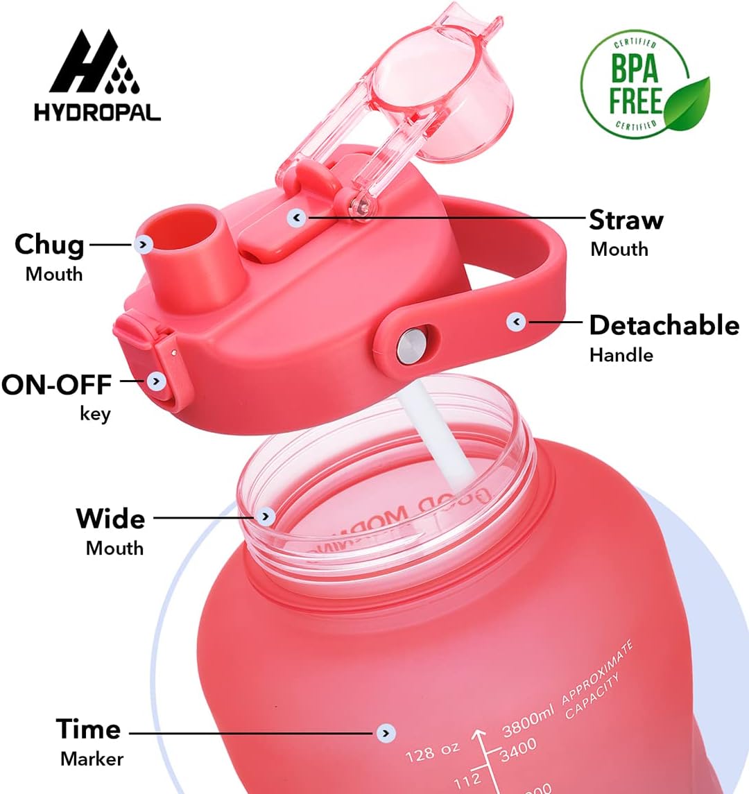 HydroPal 1 Gallon Water Bottles with Straw, 128 oz Water Bottle BPA Free Innovative 2-IN-1 Lid Gym Bottle with Times to Drink Motivational, Large for Sports Fitness Camping Water Jug （13.8X5.5 inch）