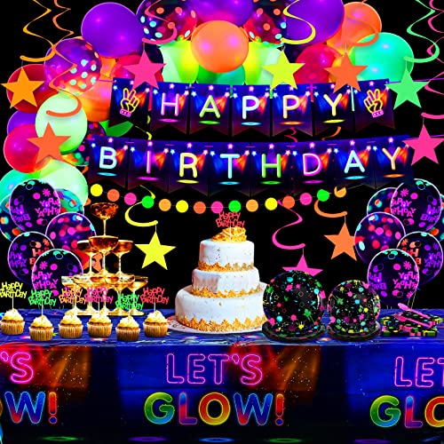 Deekin 396 Pcs Neon Birthday Party Supplies Include Glow In The Dark Tablecloth, Plates, Napkins, Balloon, Hanging Swirls Garlands, Birthday Banner, Cake Topper Blacklight Decoration, Serves 40 Guests #TOP14