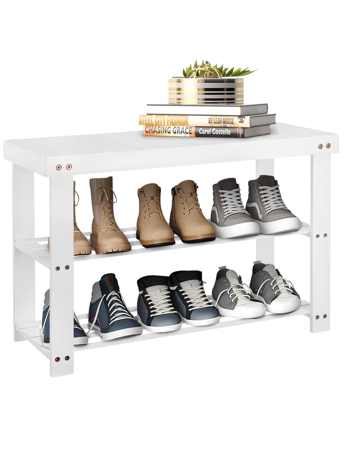 Holdfiturn Shoe Rack, 3 Tier Bamboo Shoe Bench Shoe Racks Storage Stand Shelf Organizer with Seat, 8 Pair of Shoes Rack for Corridor,Living Room, Bathroom, Bedroom or Hallway（White ）