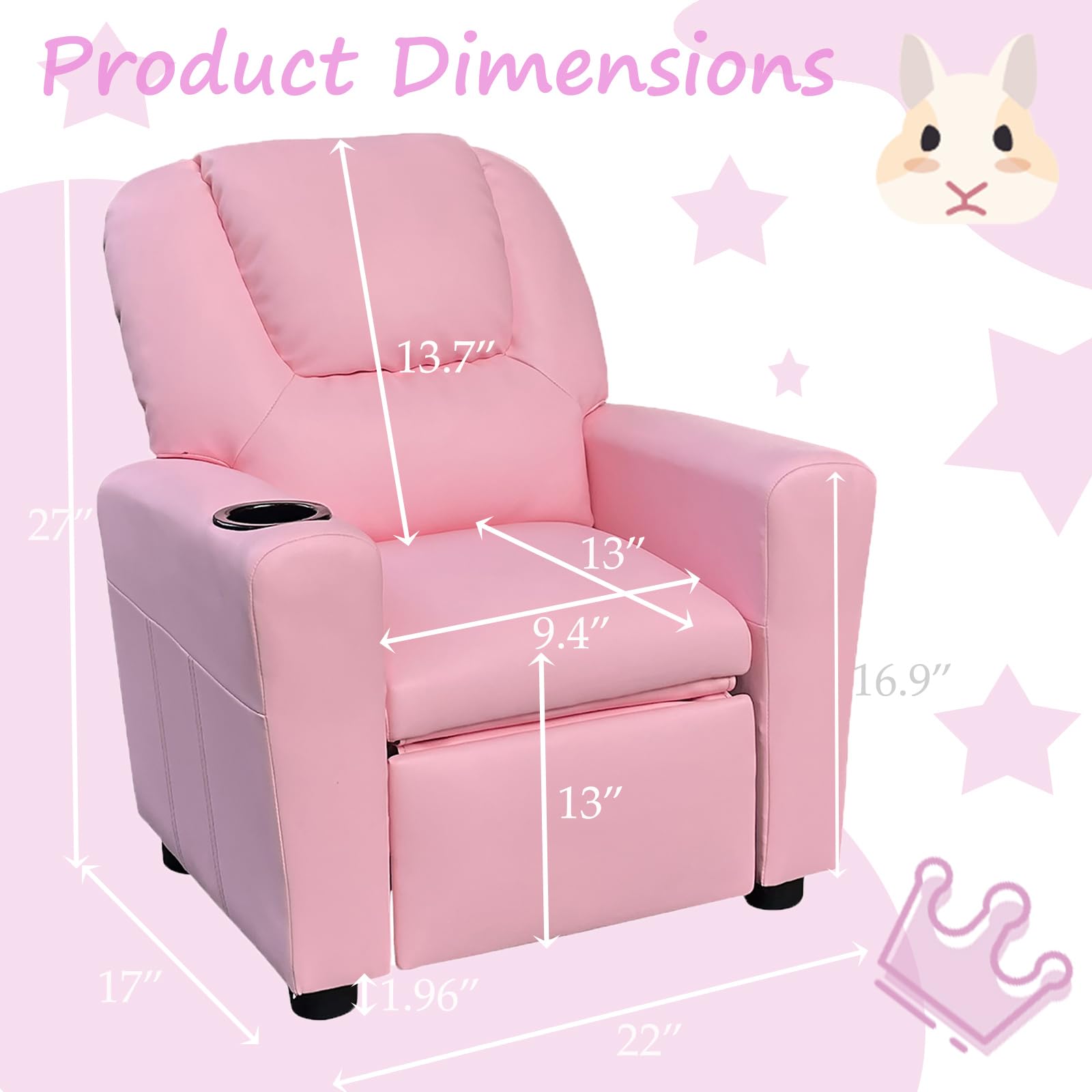 Kids Recliner Chair w/Cup Holder, Toddler Recliner Chair Ages 1-4, 2-in-1 PU Leather Single Sofa for Boys/Girls, Kids Lazy Boy Chairs, Upholstered Armchair, Adjustable Backrest & Footrest (Pink)