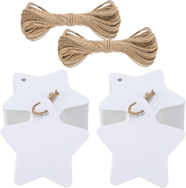 jijAcraft 100 PCS Star Gift Tags, 6CM White Paper Tags with String for DIY Carfts, Christmas Ornaments, Wedding Party Favor