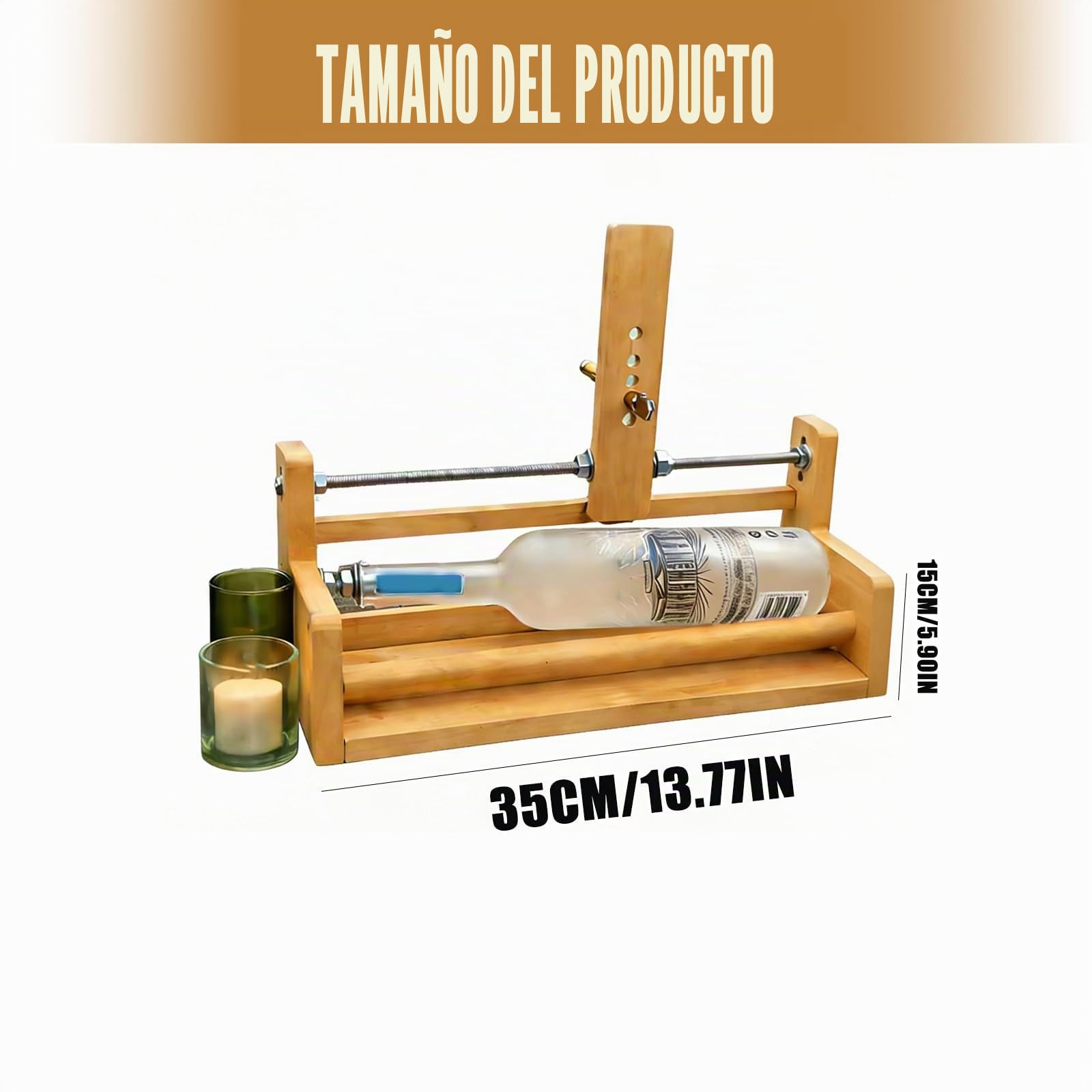 Cortador de botellas de vidrio con marco de madera seguro y simple para decoración sostenible del hogar