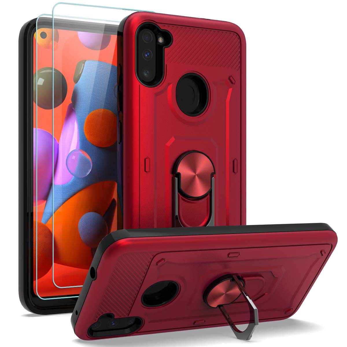 Lokyoo Compatible with Samsung Galaxy A11 Case with HD Screen Protector, Armor Dual Layer 2 in 1 and 360 Degree Rotating Metal Ring Holder Kickstand & Shockproof Hard Cover