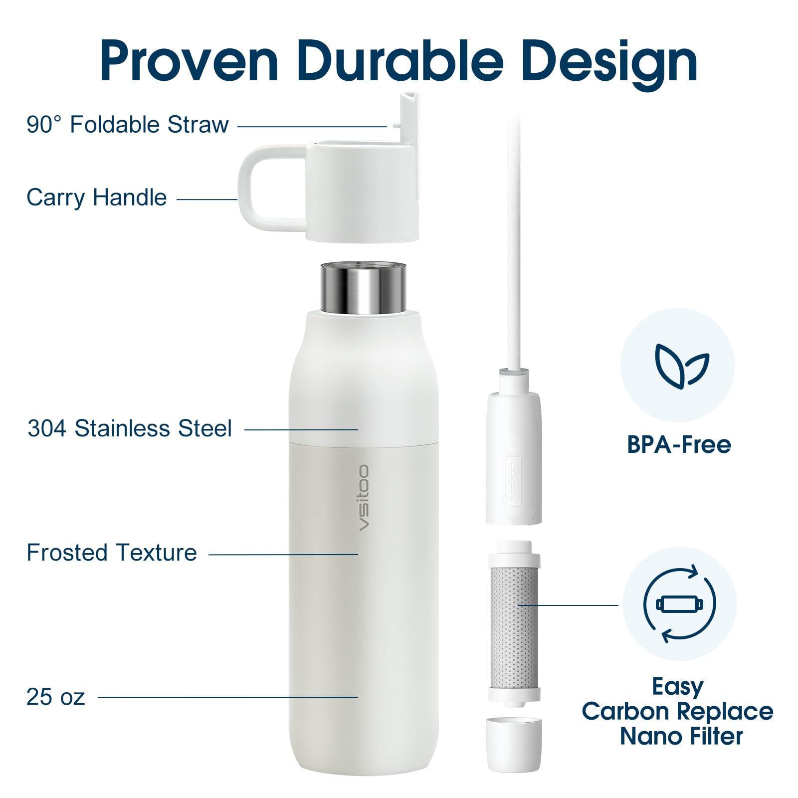 vsitoo Botella de agua filtrante de fibra de carbono de 25 onzas, botellas de agua aisladas de acero inoxidable con filtro, botella de agua filtrante sin BPA, reemplaza a 300 botellas de agua de