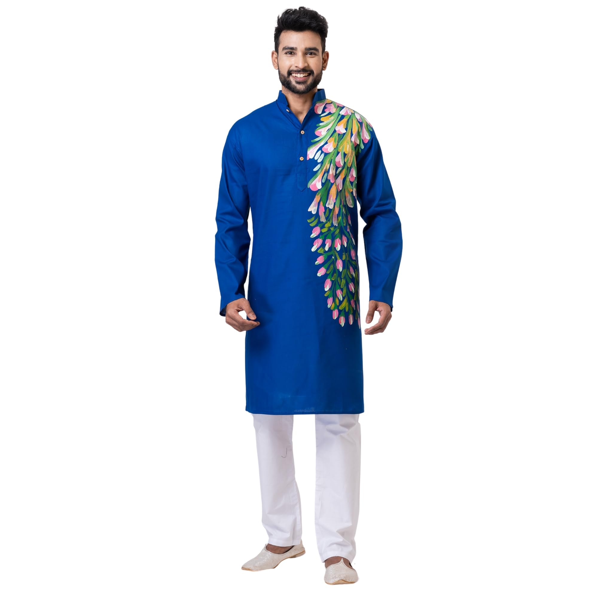 Men's Royal Blue Kurta with Leafy Embroidery - Festive Ethnic Wear for Weddings, Celebrations & Special Occasions-image-13