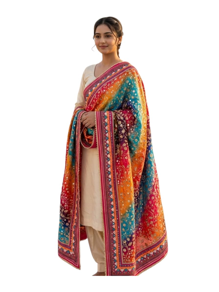 Amritsari Mirror Work Dupatta for Women, Multicolour, 2.25 Metre, Traditional Embroidered Phulkari Style-image-33