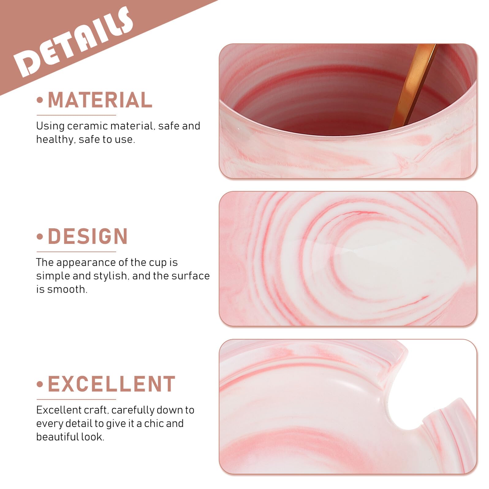 Tazas de Café de Mármol de Cerámica 2 Piezas Tapa y Cuchara Juego de Vasos para Beber Agua y Té en Casa U Oficina Diseño Moderno en Rosa y Gris para Obsequio