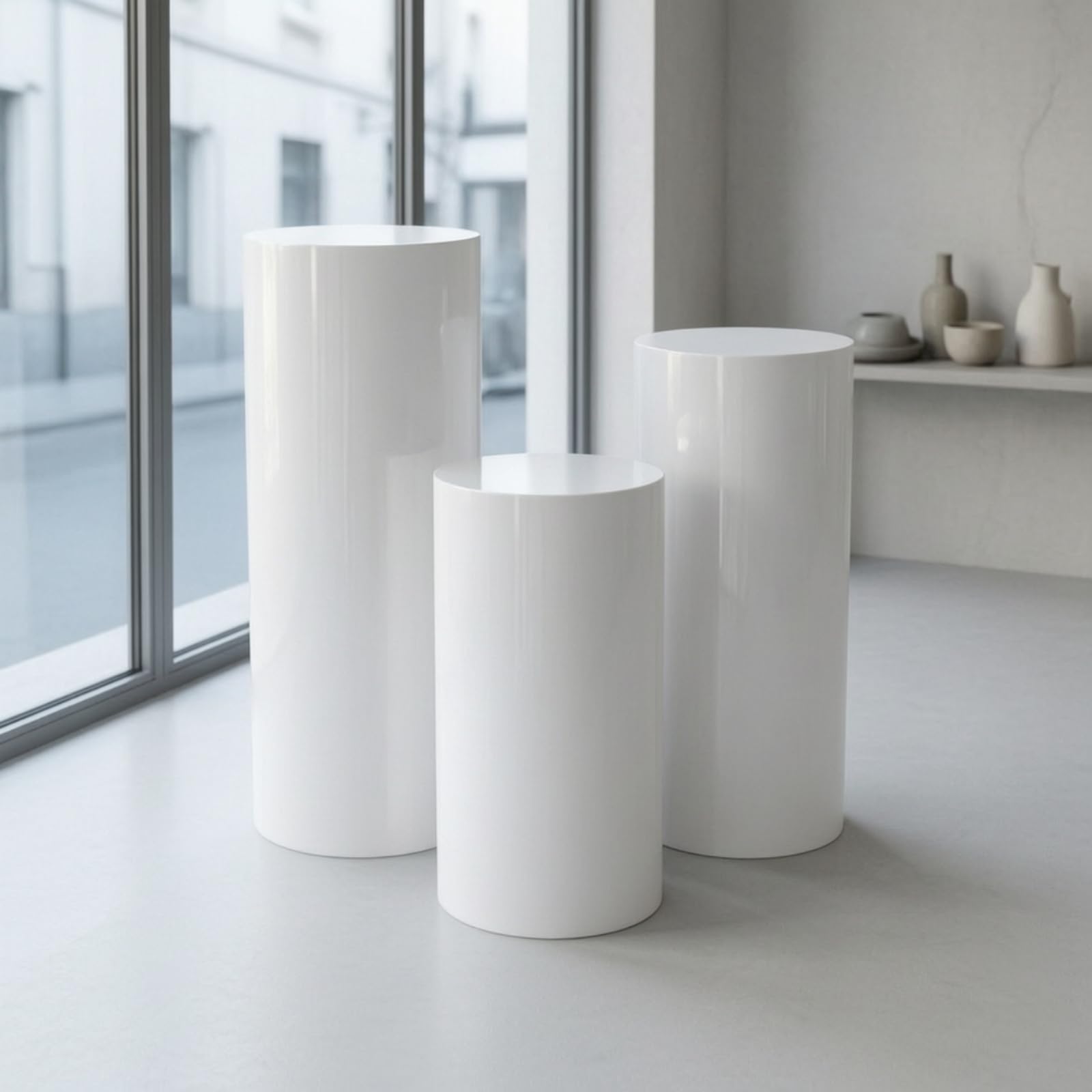 3 Pezzi Espositore Cilindrico Moderno | Bianco, Piedistalli Cilindrici Bianchi, Impilabile, per Vetrine