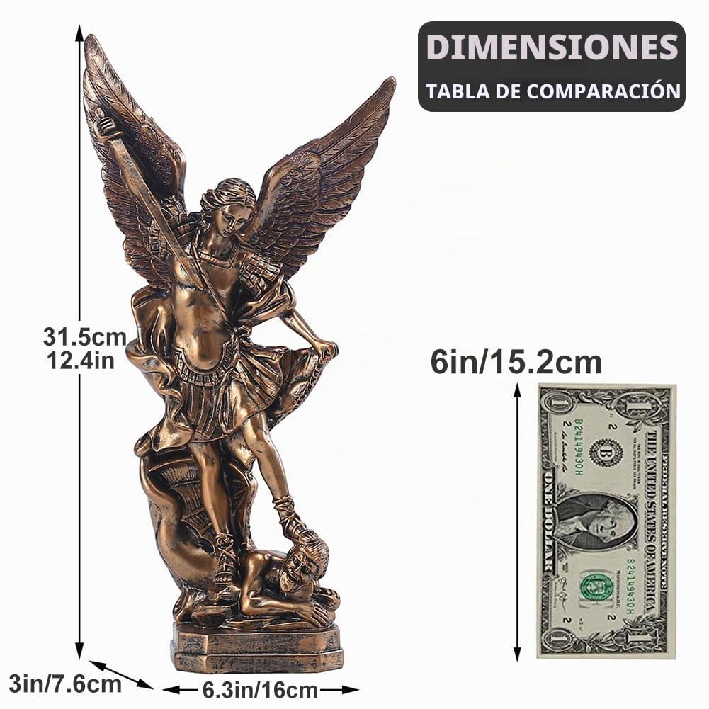 QIANLING Figura del Arcángel San Miguel de 31.5 cm - Estatua de Resina con Acabado Bronceado - San Miguel Arcángel Derrotando a Satanás - Decoración Religiosa o Coleccionismo Interior