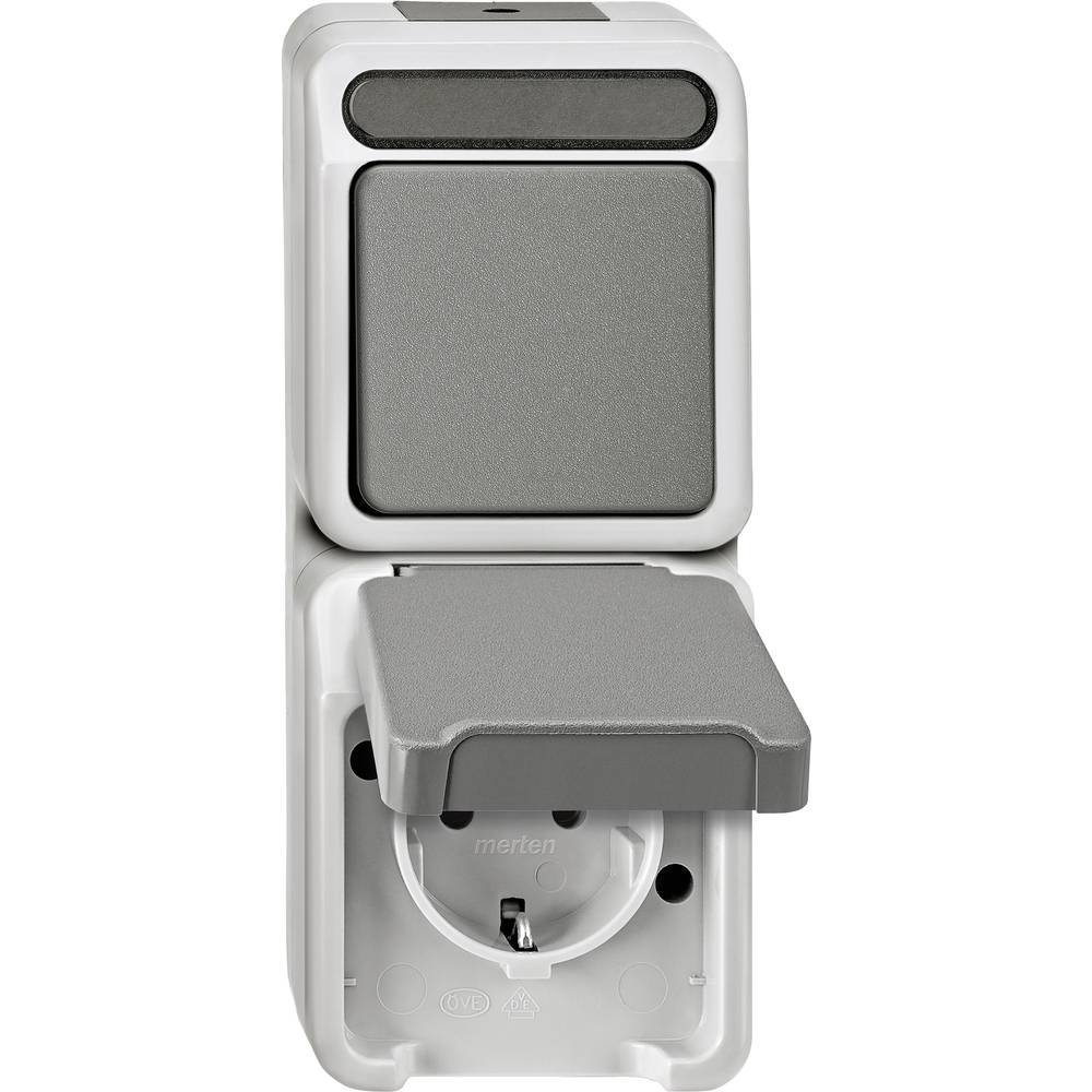 Schneider Electric Merten MEG3497-8029 Combination Surface-Mounted Schuko Socket with Touch Protection/Button 1-Way, 1-Pin Contact Socket, IP44, Light Grey, Aquastar
