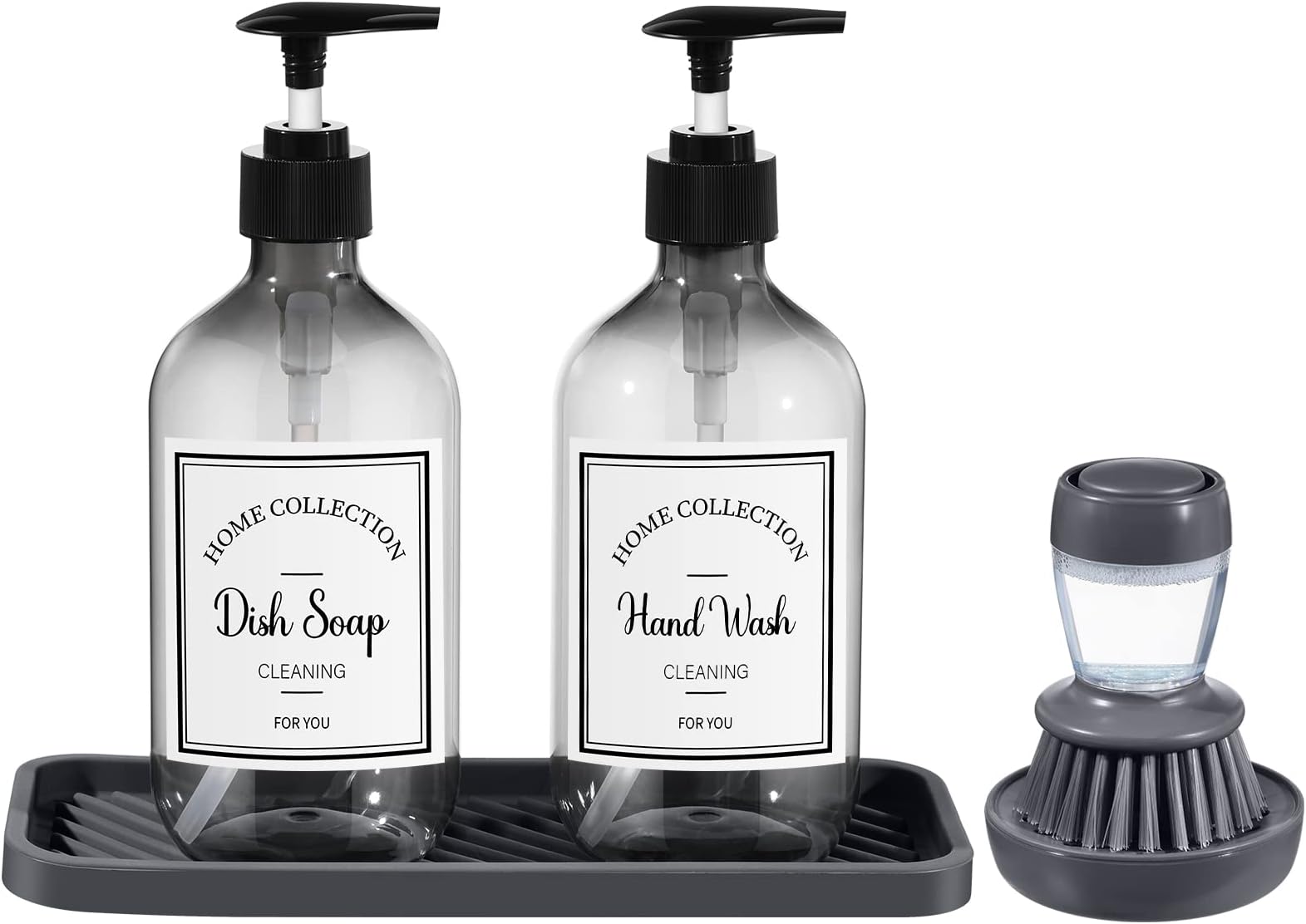 4 Pieces Kitchen Soap Dispenser Set Includes 16 oz Plastic Dish Soap Hand Dispenser was with Silicone Tray and Labels, Brush and Drip Tray(Black, Gray)