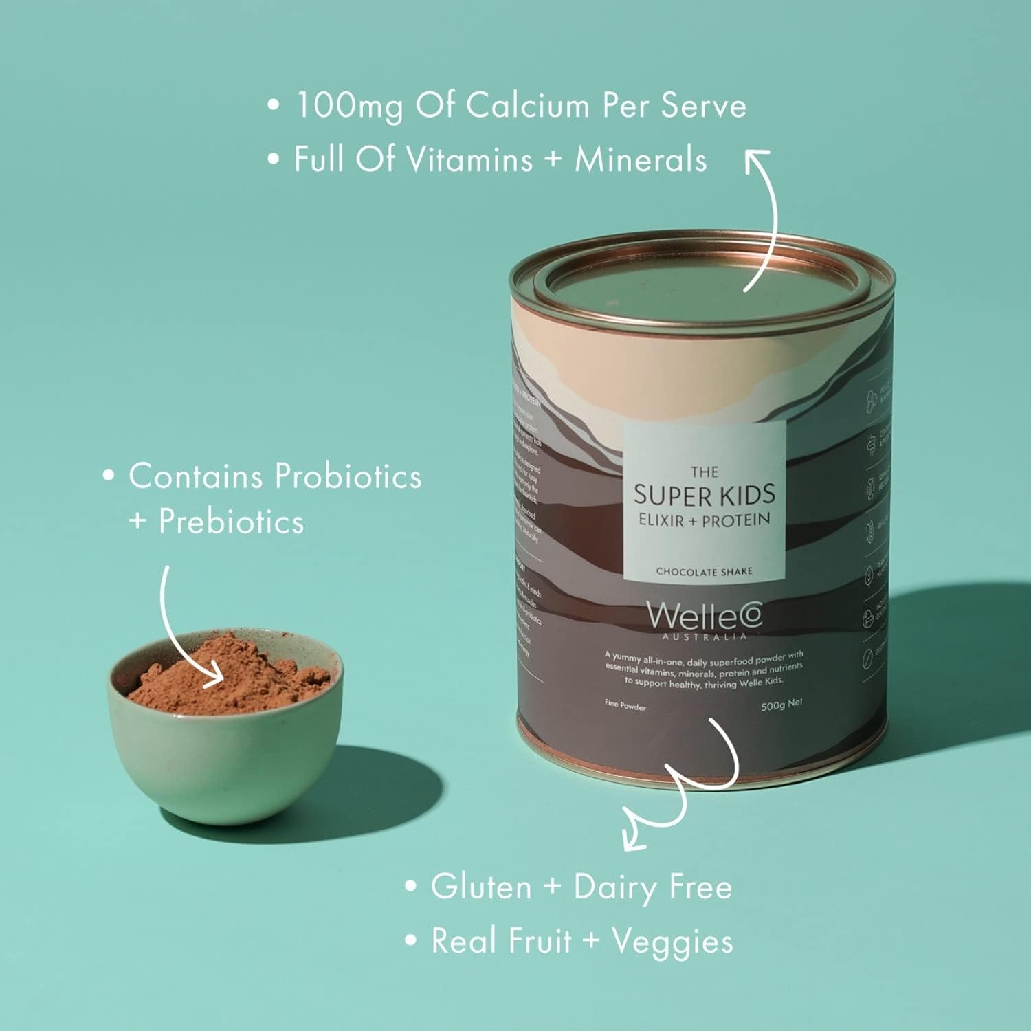 WelleCo The Super Kids Elixir Vegan Protein Powder Chocolate Shake with Prebiotics and Probiotics, Real Fruits & Veggies, Supports Cognitive Function, Immunity & Energy, for Kids Ages 4+