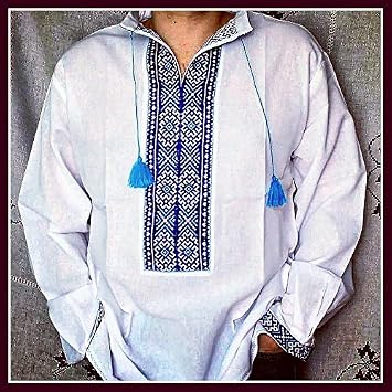 SALE Vyshyvanka mens Ukrainian Embroidered shirt New White linen blue embroidery NIZINKA Slavic size L