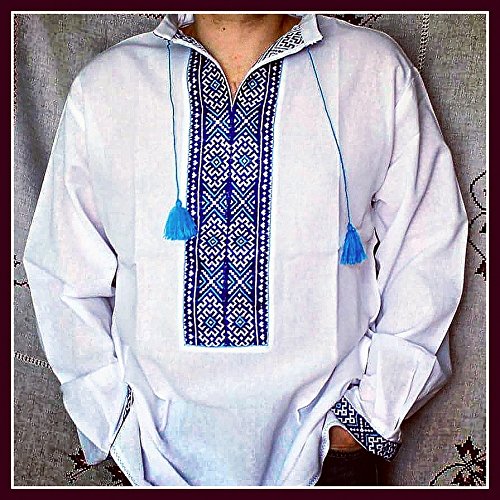 SALE Vyshyvanka mens Ukrainian Embroidered shirt New White linen blue embroidery NIZINKA Slavic size L