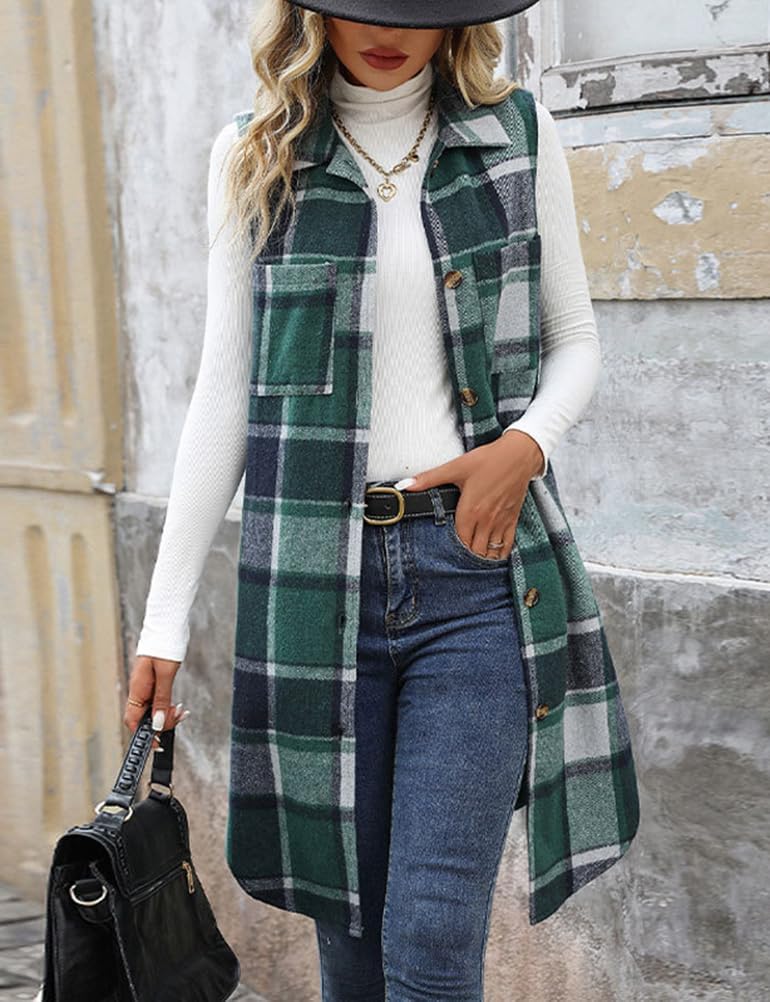 Mywinway Long Plaid Vest for Women Fall Winter Sleeveless Blazer Jackets Outerwear Trendy Tops