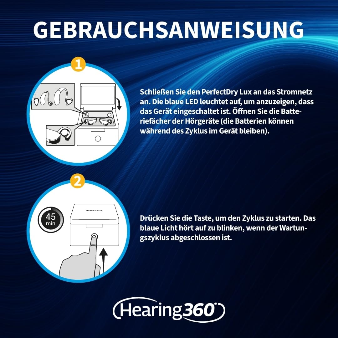 Hearing360 Perfect Dry LUX UV-Reinigungsstation Entfeuchtung Trocknung Hörgeräte Heißluftsystem LED-Anzeige