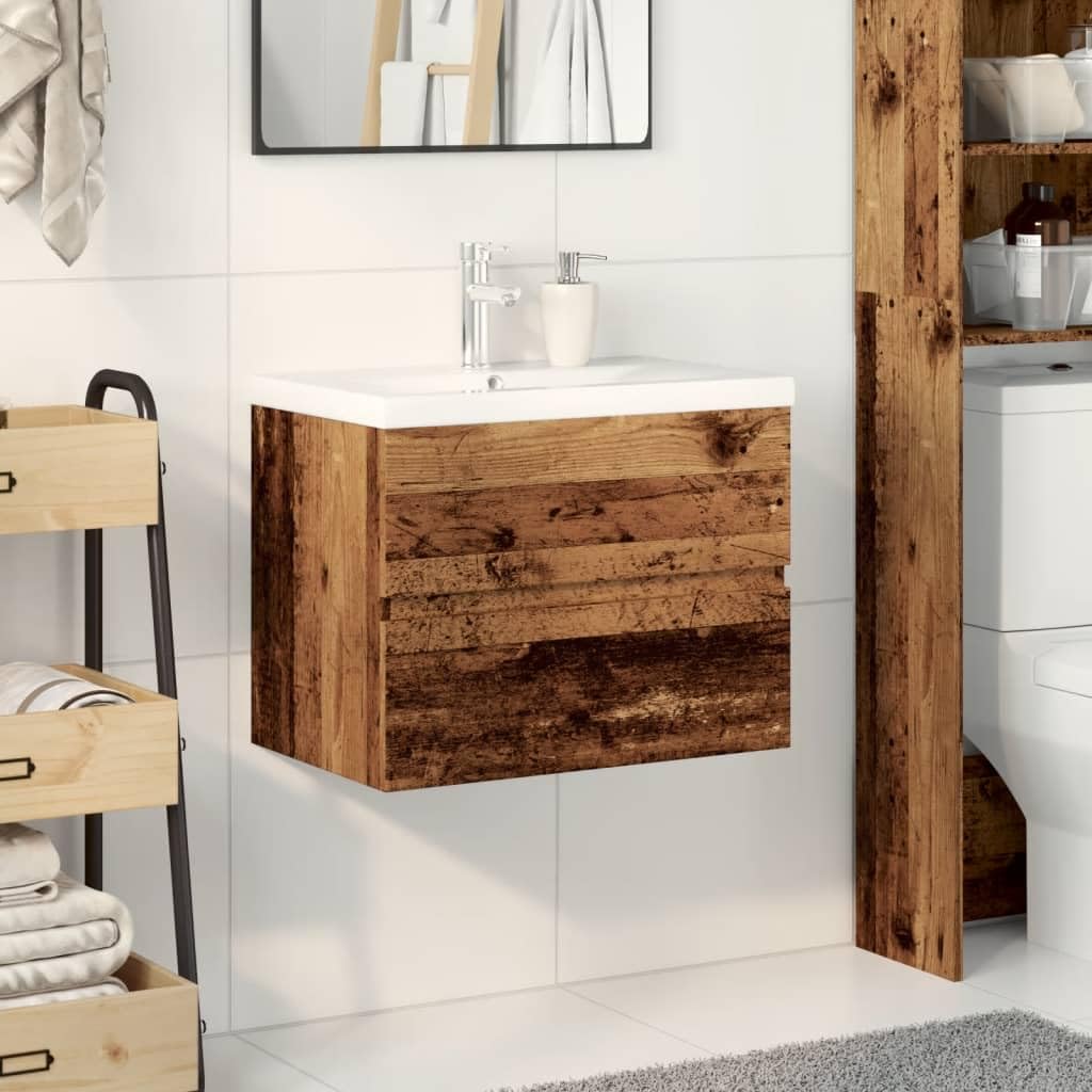 Mobile Bagno Con Lavabo Integrato - Armadietto Sospeso Con Cassetto - Stile Legno Antico - Foto 3
