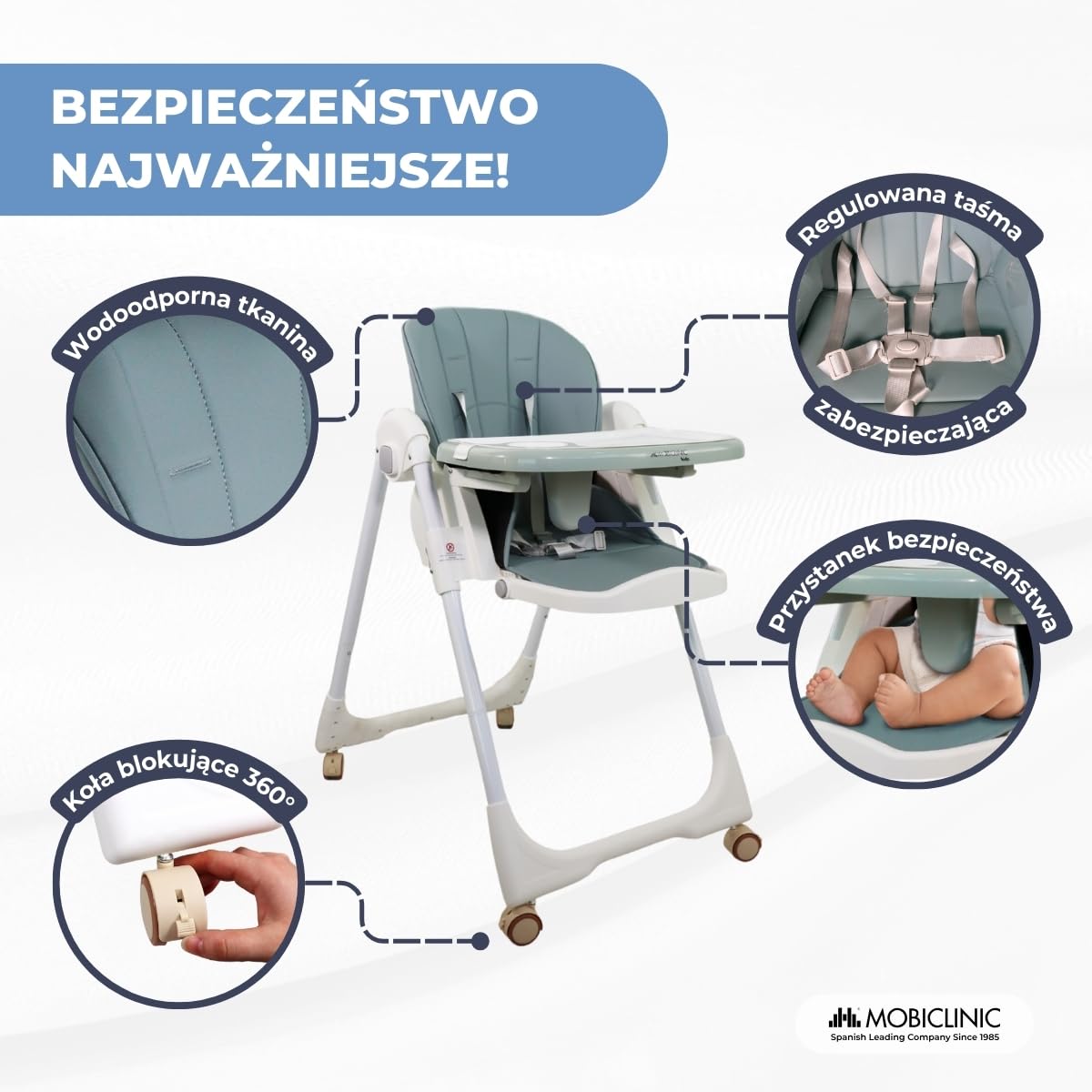 Mobiclinic®, Wysokie krzesełko dla dziecka, Evolutive, Dodatkowe składanie, Możliwość przekształcenia w wysokie krzesełko, Simba, 5-punktowe, Kółka z hamulcami, Podwójna wyjmowana tacka