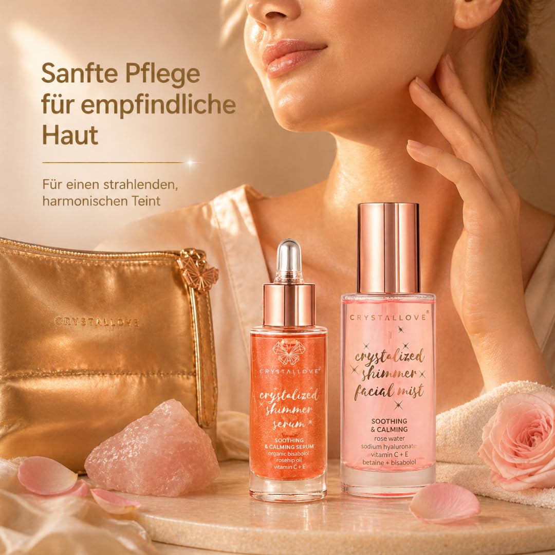 CRYSTALLOVE Rose Quartz Skincare Duo – Gesichtsserum 30 ml & Face Mist 100 ml mit Rosenquarz inkl. Kosmetiktasche – luxuriöses Hautpflege Set für Feuchtigkeit, Glow & Beruhigung – Geschenkset