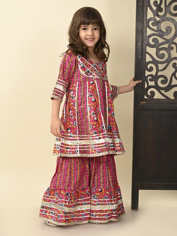 Image of superminis Girls Cotton Floral Printed Gotta Work 3 /4 Sleeves Flared Design Kurti & Sharara Set