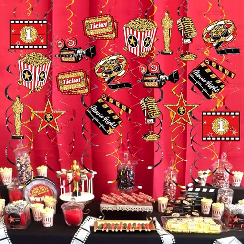 Image of Movie Night Hanging Swirl Set Party Decorations, 48 Pcs, Hollywood Theme with Popcorn Trophy Microphone Film Reel Party Supplies Sign, Red Black Gold