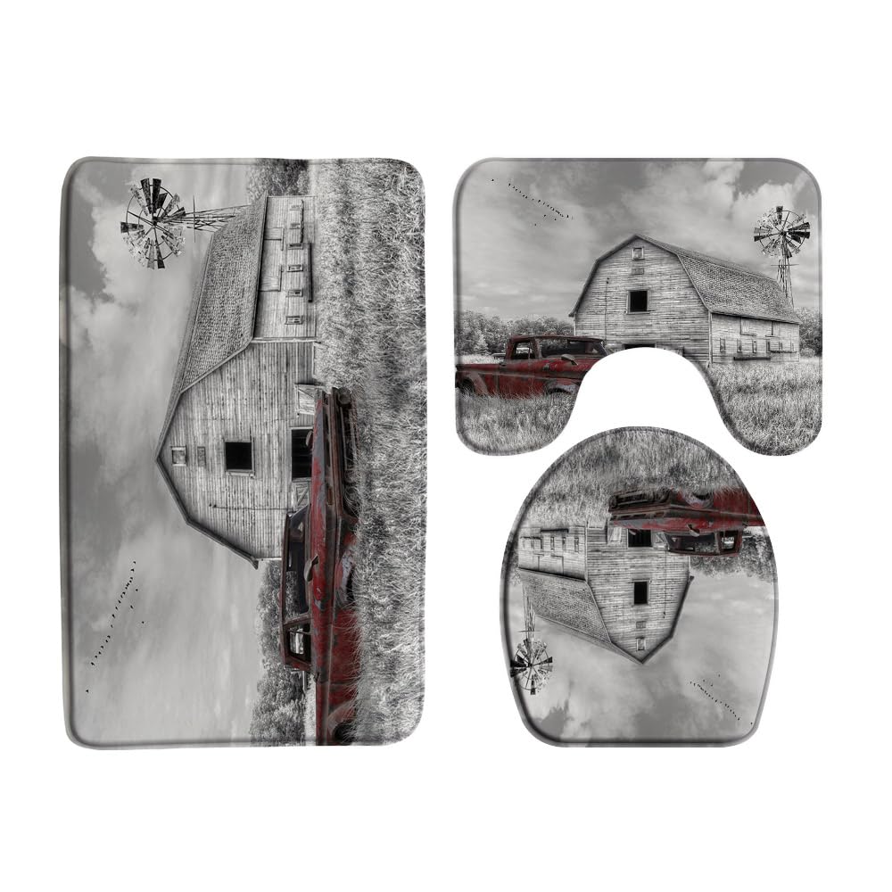Vintage Farm Truck 3 Pcs Bath Rugs Set,Rustic Wooden Barn American Old Antique Car Farmhouse Windmill Western Country Bathroom Kitchen Rug with 16