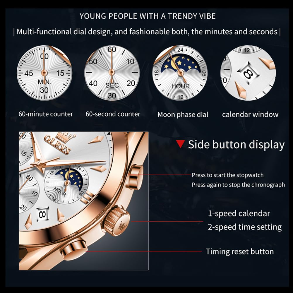 OLEVS Orologio da uomo analogico al quarzo con cinturino in pelle, quadrante grande e data, impermeabile, lussuoso, luminoso