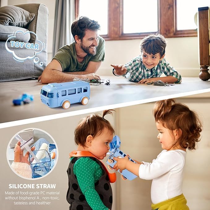 Image of SPICYSHINE ABS Bus Water Bottle For Kids With Strap, Sipper, & Straw|Leakproof, Bpa Free With Sipper and Lock, 500 Ml| Car Water Bottle For Kids|Cute Bus Shaped Water Bottle For Kids (BLUE)