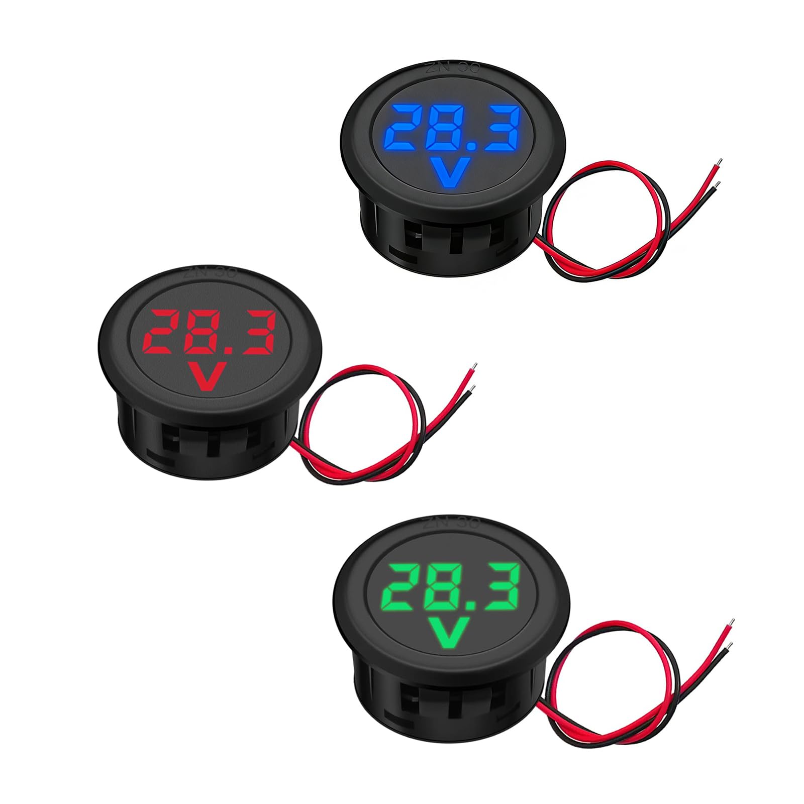 Cyfrowy woltomierz LED 4-100 V DC, okrągły miernik napięcia z wyświetlaczem LED, zestaw 3 szt. w kolorze czerwonym, niebieskim, zielonym