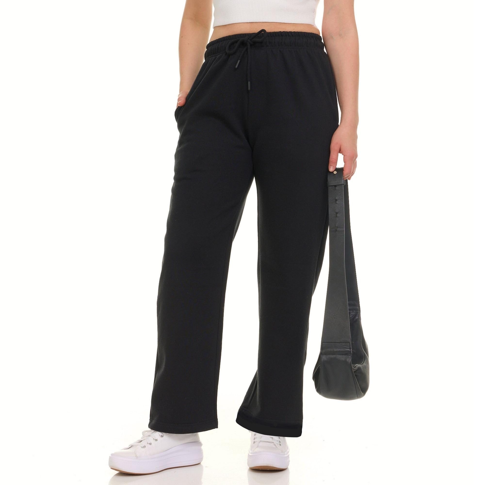 modern basics straight leg sweatpants for women, fleece loose fit open bottom lounge womens sweatpants with pockets black