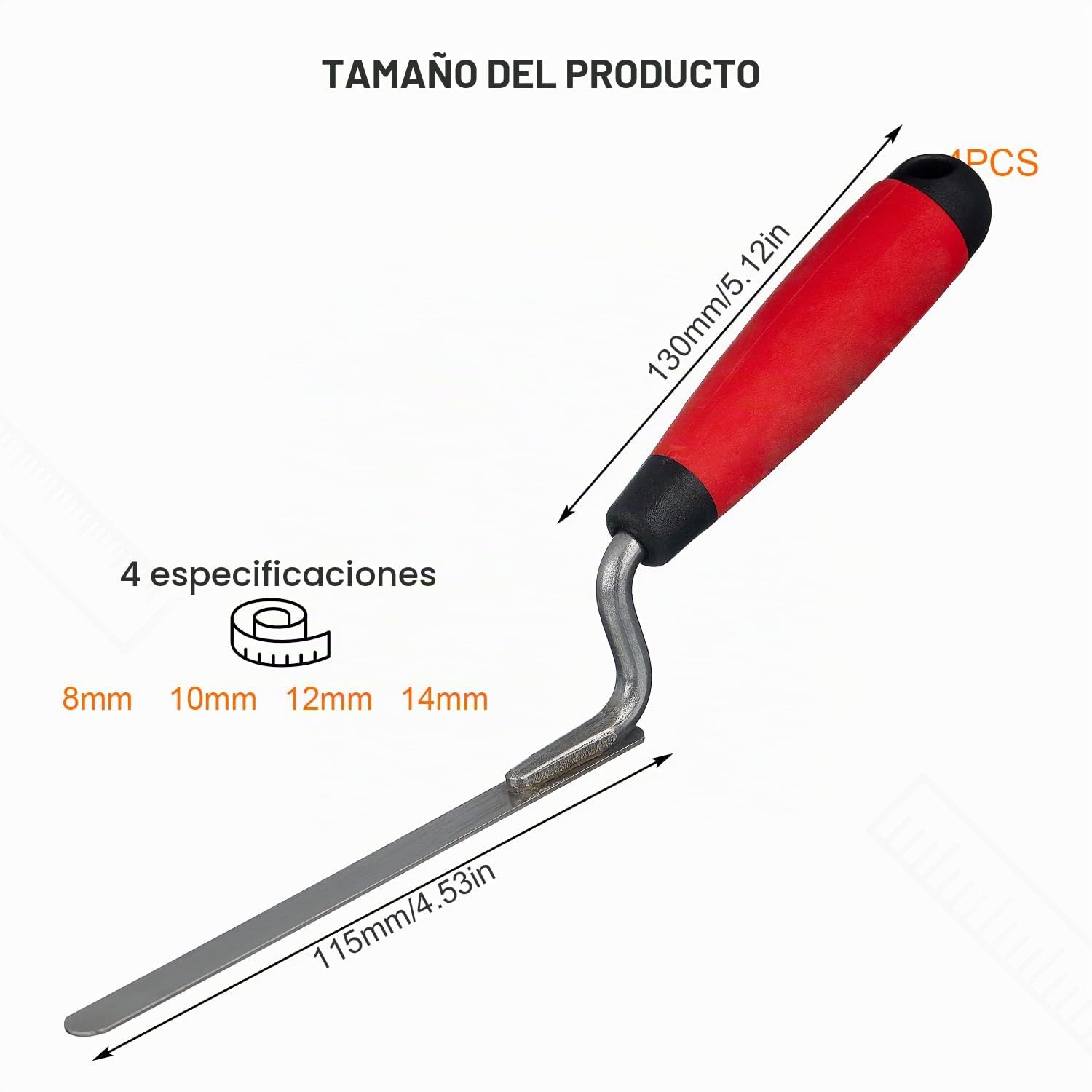 4 Piezas Llana para Juntas, Anchura 8 10 12 14 mm, Mango de Goma Antideslizante, Llana para Juntas de Acero Inoxidable, para Trabajos Precisos de Albañilería, Construcción, Alicatado (Rojo)