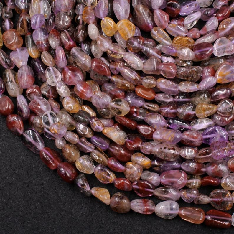 13 inch strand of gem auralite 23 cacoxenite 6-10mm tumble smooth beads for diy jewelry making. auralite 23 cacoxenite beads strand