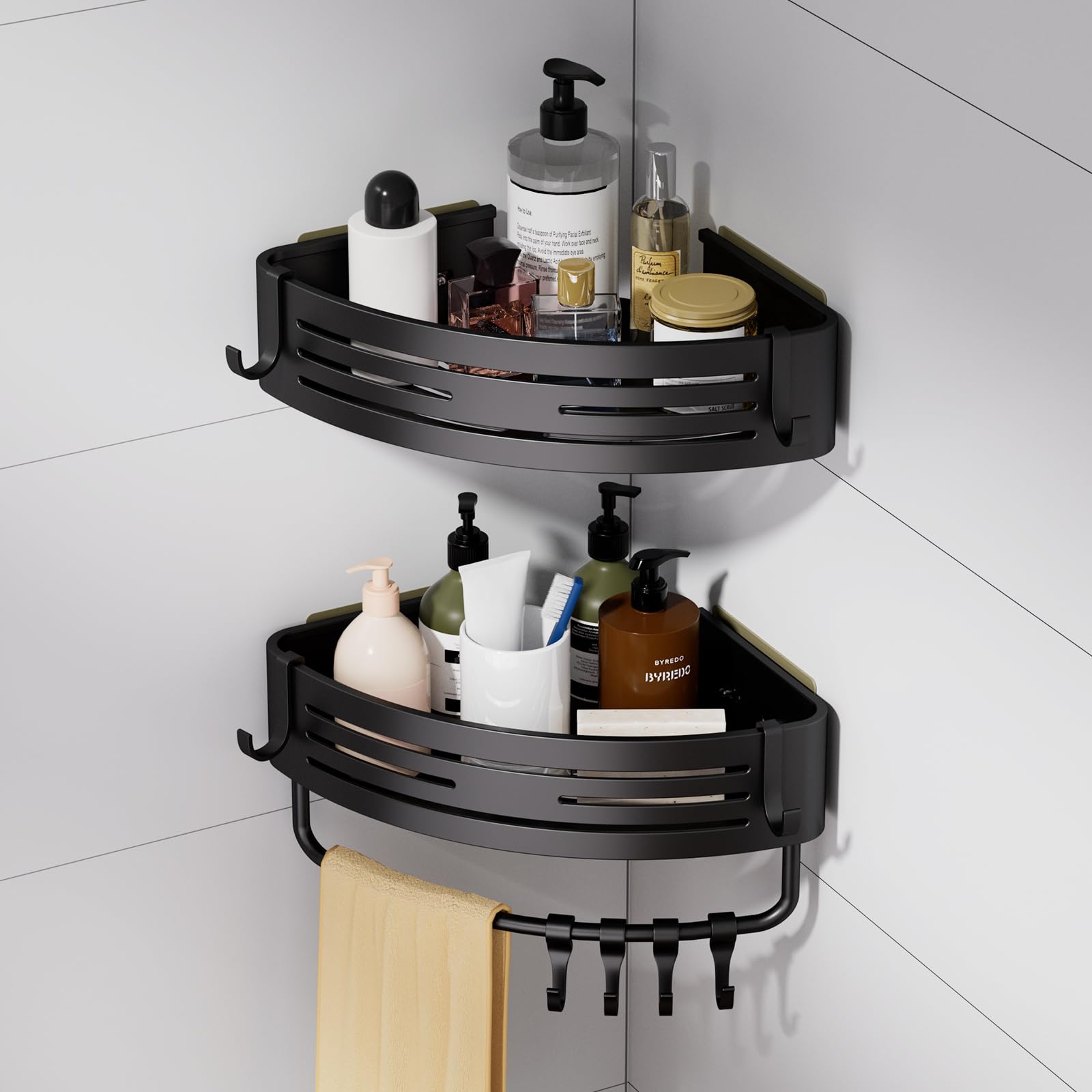 PROJOY Adhesive Shower Caddy 2 Pack Black Rustproof 90 Bathroom Corner Shelf Large Capacity Wall Mount Bathroom Organizers