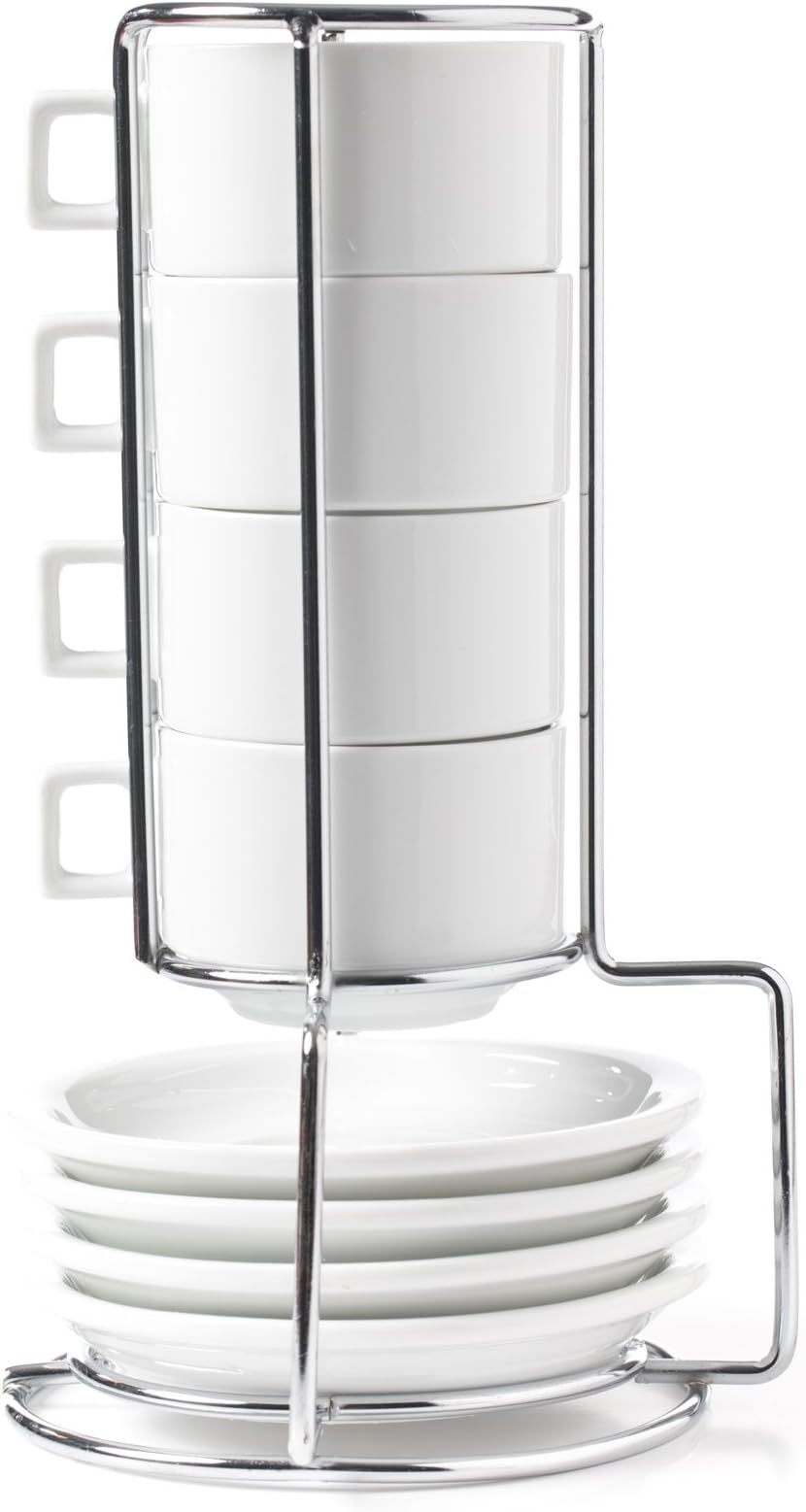 Stack-able Porcelain 3.2 OZ Espresso Turkish Coffee Cups and Saucer Set with Chrome Rack (9 Piece Set) (1)