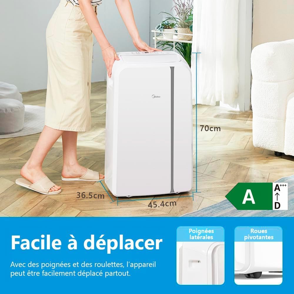 MIDEA Climatiseur Mobile Silencieux 9000 BTU avec Évacuation - Climatisation Portable Prêt à Poser 2700W - Clim Split Mobile - 3 Vitesses avec Kit de Fenêtre et Télécommande