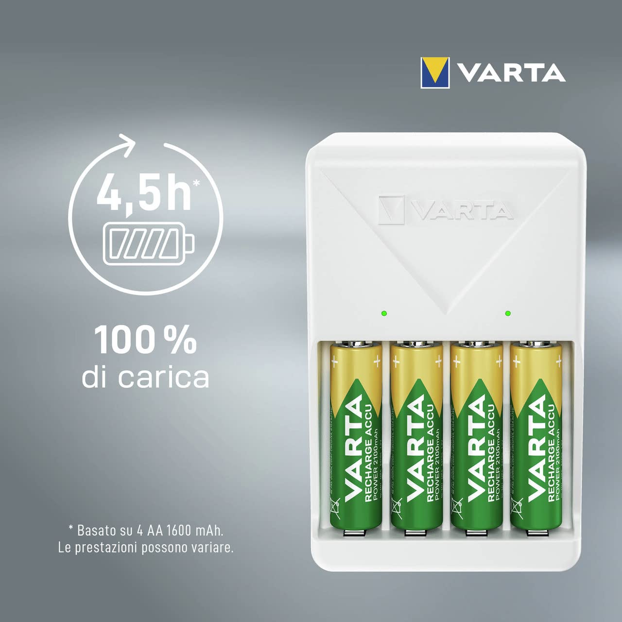 VARTA Caricabatterie, incl. 4X AA 2100mAh, caricatore per batterie ricaricabili, carica 2 o 4 AA/AAA contemporaneamente, Plug Charger