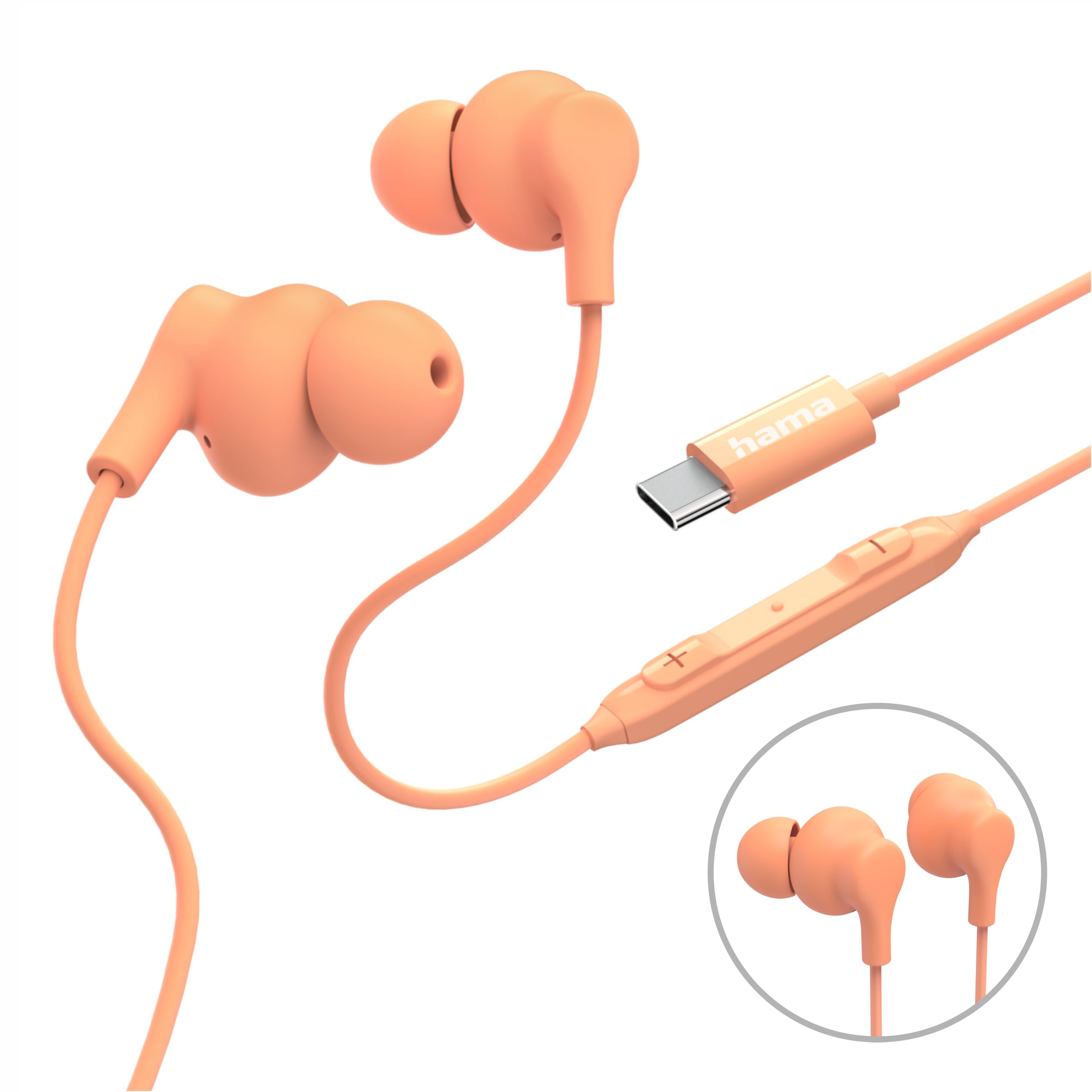 Hama Curly Earphones In-Ear Microphone Cable Kink Protection USB-C Orange