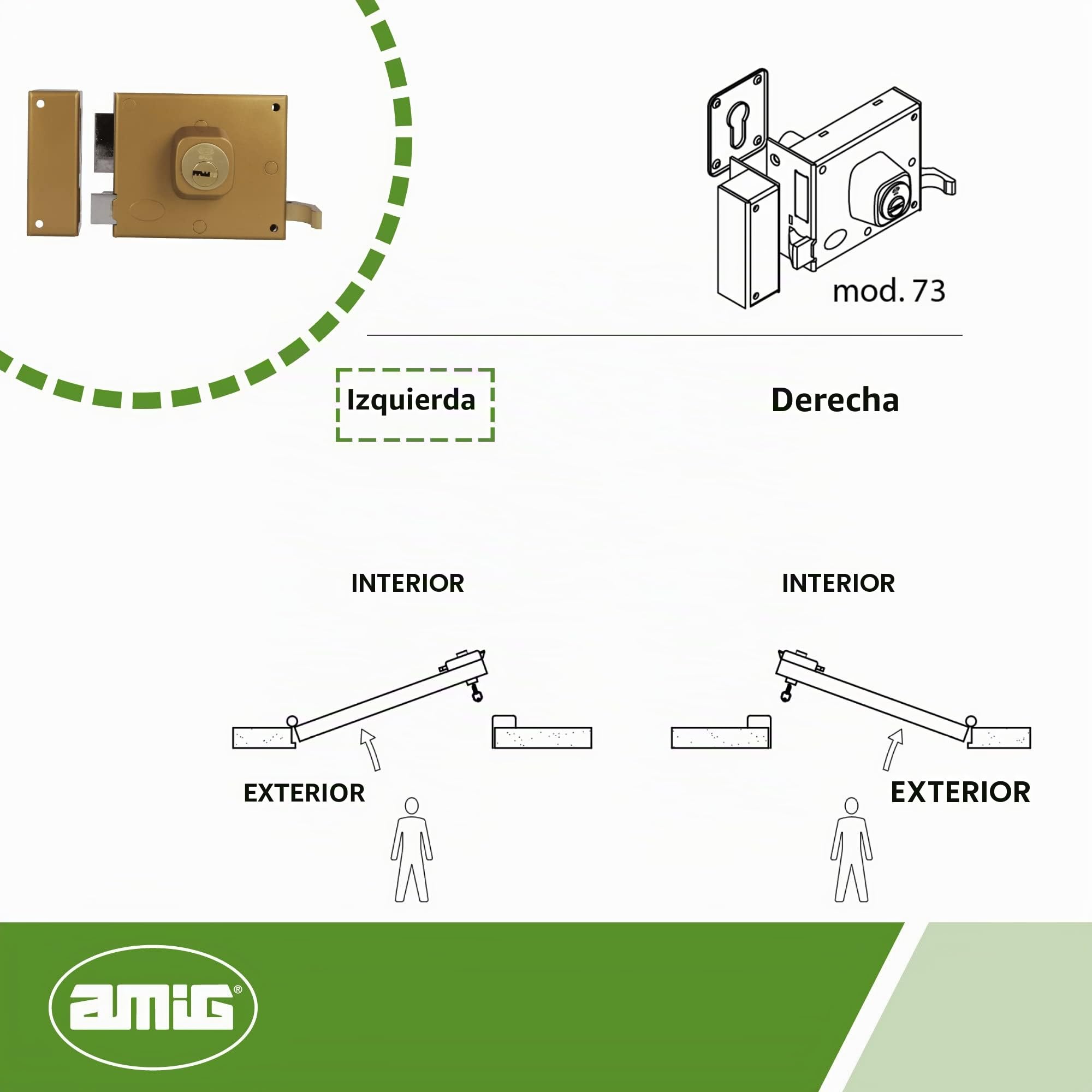 Amig - Cerradura de Sobreponer de Izquierda con Palanca de Cierre, Lengüeta y Tirador para Puertas de Madera Mod. 73, 100 x 85 mm, Pestillo Con Cilindro Europerfil, Acero Dorado