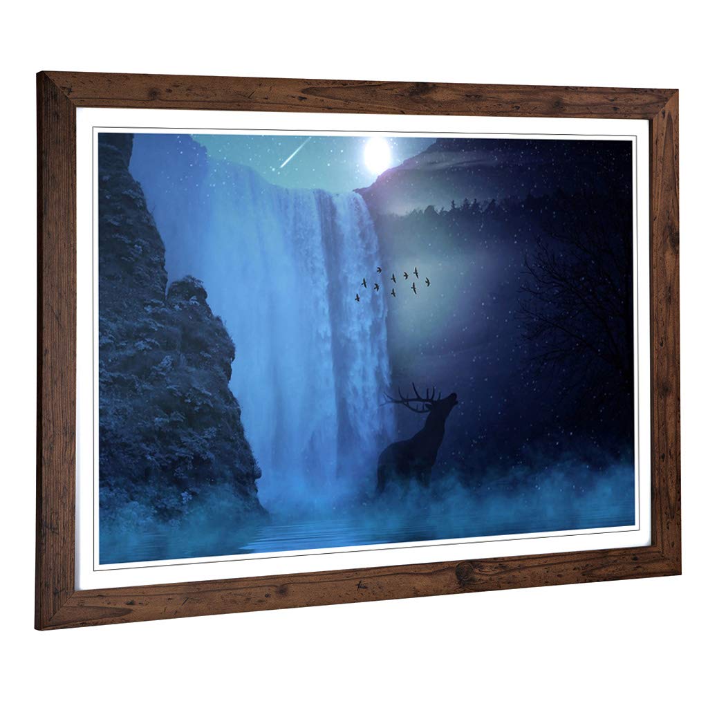 Big Box Art Framed Print of Hirsch Waterfall with Stag Landscape Design | Wall Art Picture | Home Decor for Kitchen, Living Room, Bedroom, Hallway, Walnut, A2 / 24.5x18 Inch / 62x45cm