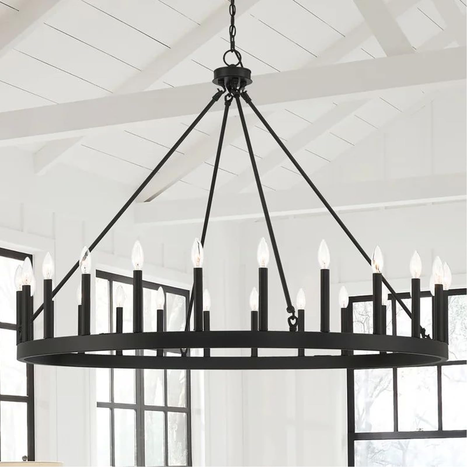 HYJAUSXB Farmhouse Wagon Wheel Chandelier, 12/24-Light Round Black Rustic Ceiling Light Fixture with Adjustable Chain for High Ceilings, Living Room Dining FoyerBlack,12Heads